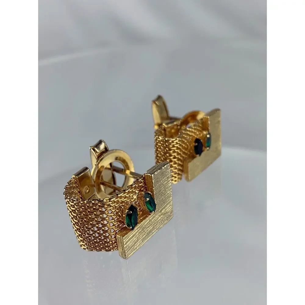 Modernist Block Green Rhinestones Gold Tone Mesh Wrap Cufflinks Vintage N1